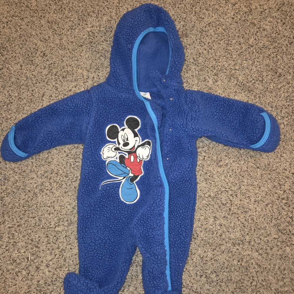 Vintage Disney Baby Blue Fleece Mickey Mouse Footie 0-3 Months